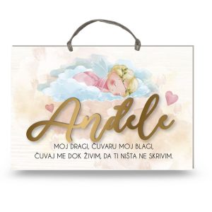 Drvena pločica – Anđele moj (roza djevojčica)